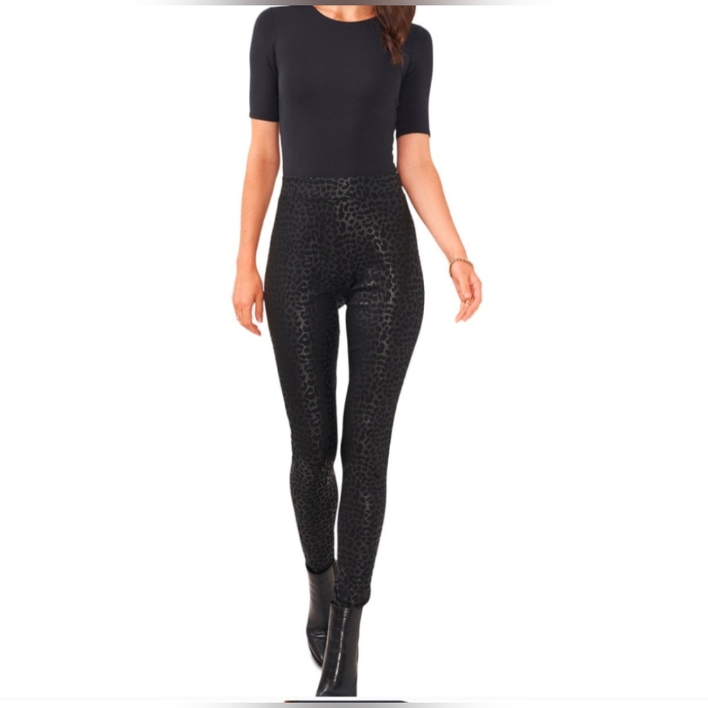 VINCE CAMUTO Women's Black Leopard Print Pull-On Leggings Size Large *EUC